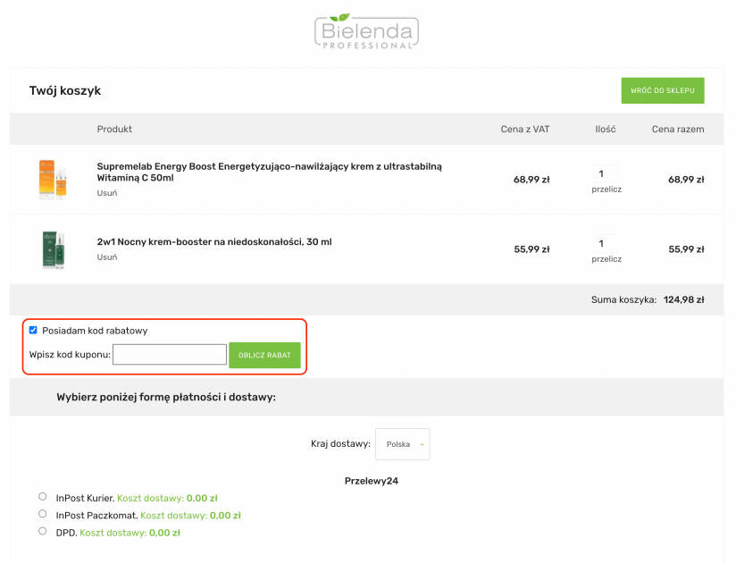 Pole, gdzie należy wkleić kod rabatowy Bielenda Professional