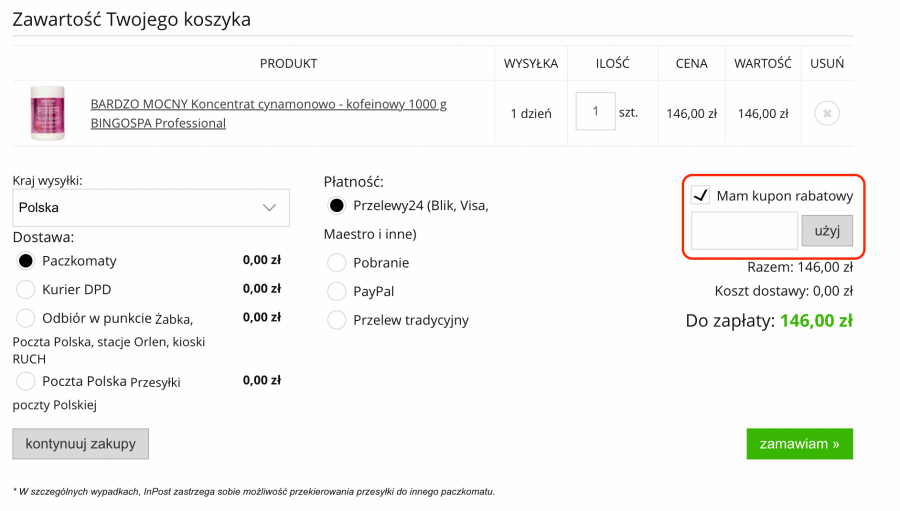 Pole, gdzie należy podać kod rabatowy Bingospa