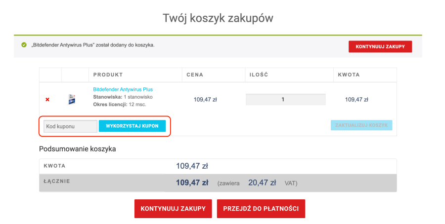 Miejsce na kod rabatowy Bitdefender