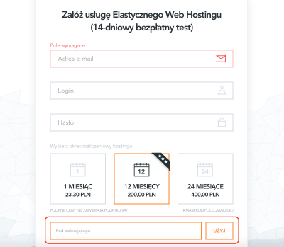 Wskazane miejsce gdzie wkleić kod rabatowy dhosting
