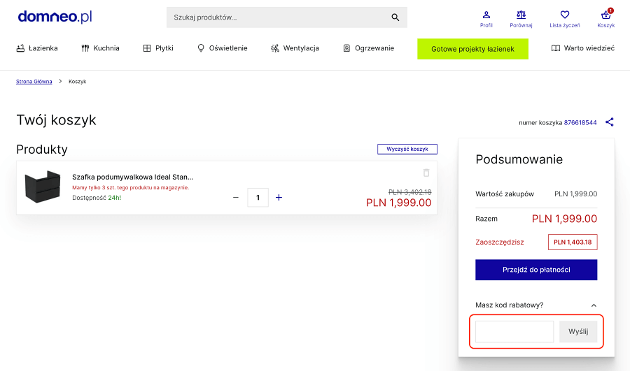 Miejsce, gdzie należy podać kod rabatowy Domneo