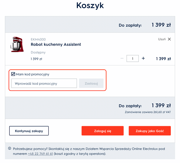 Pole na kod rabatowy Electrolux