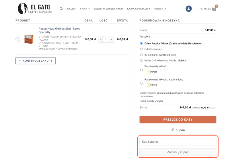 Pole, gdzie należy wkleić kod rabatowy El Gato Coffee