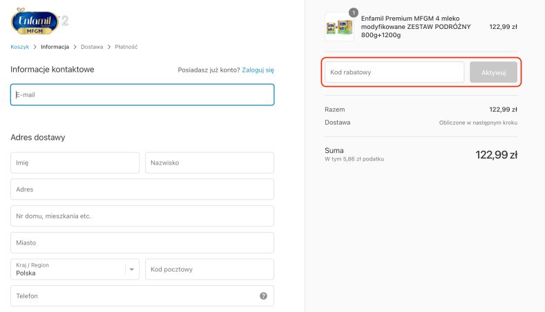 Miejsce, gdzie należy wpisać kod rabatowy Enfamil