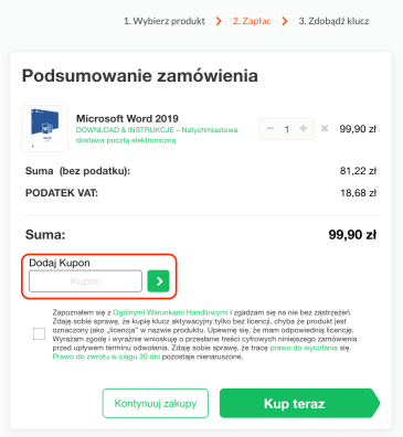 Miejsce, gdzie należy wkleić kod rabatowy ESDownload