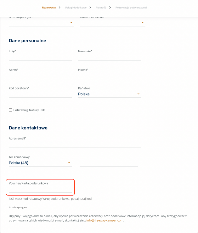 Pole, gdzie należy wkleić kod rabatowy Freeway Camper