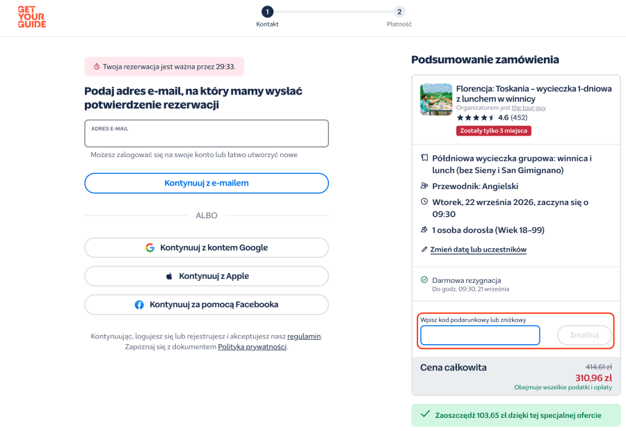 Miejsce na kod rabatowy GetYourGuide