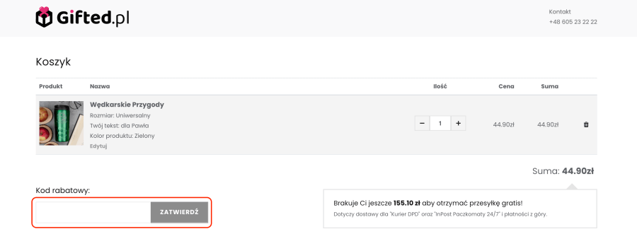 Pole, gdzie należy wkleić kod rabatowy Gifted.pl