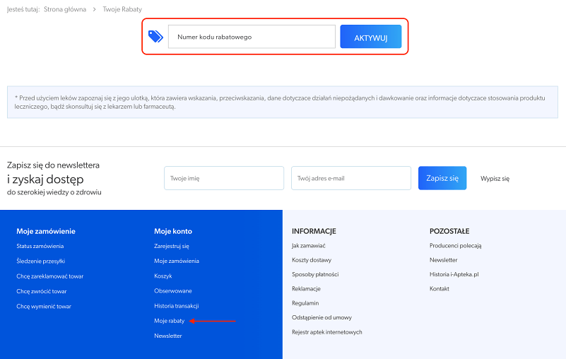 Miejsce, gdzie należy wkleić kod rabatowy i-Apteka