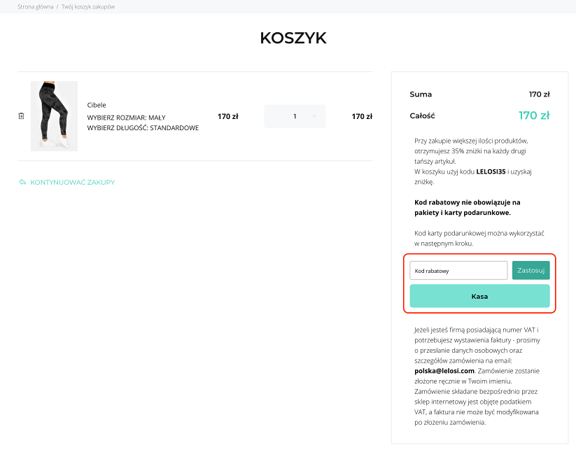 Miejsce, gdzie należy wpisać kod rabatowy LELOSI