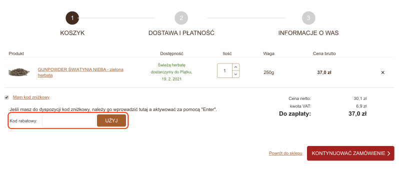 Pole, gdzie należy wkleić kod rabatowy ManuTea