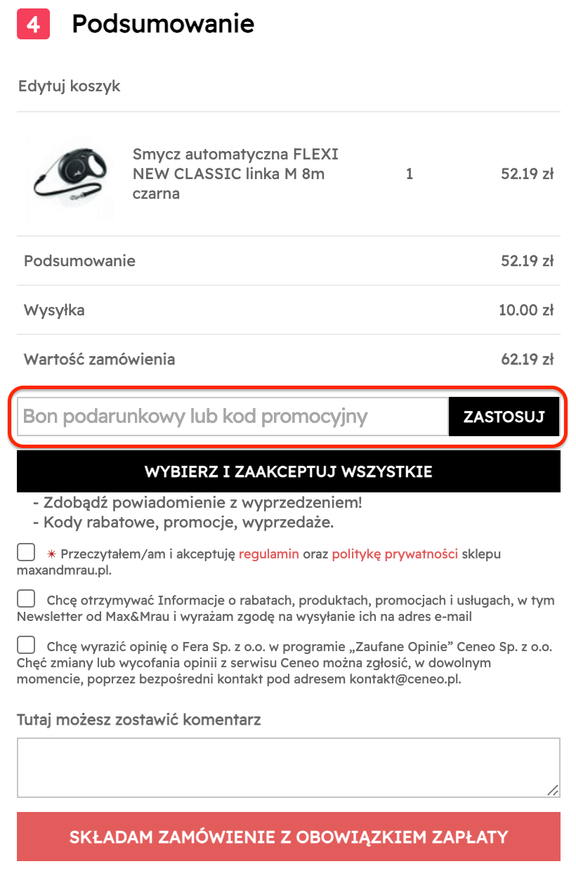 Miejsce na kod rabatowy Max&Mrau