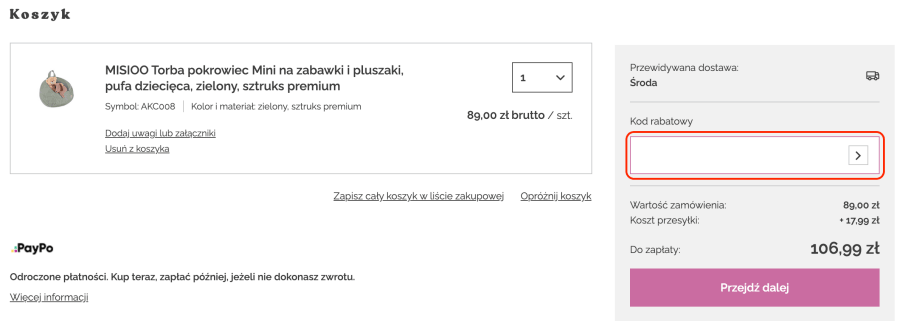Miejsce na kod rabatowy w Misioo