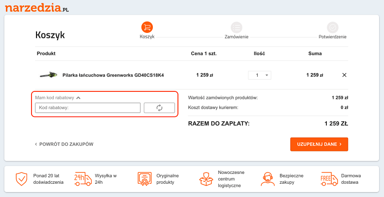 Miejsce, gdzie należy wkleić kod rabatowy Narzedzia.pl
