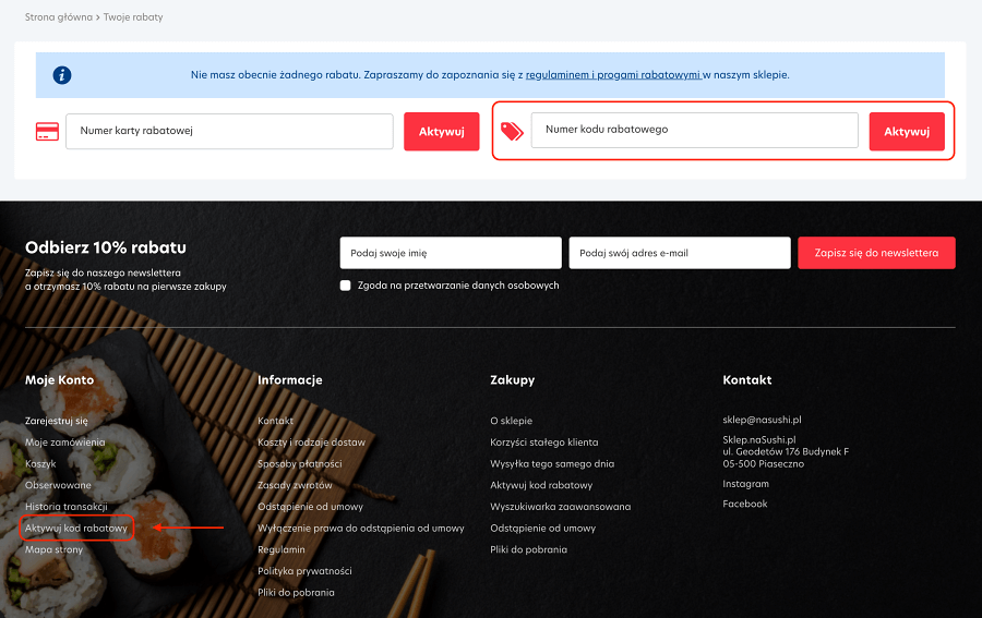 Pole, gdzie należy wkleić kod rabatowy naSushi