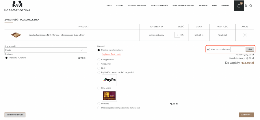 Miejsce, gdzie należy podać kod rabatowy Na Szachownicy