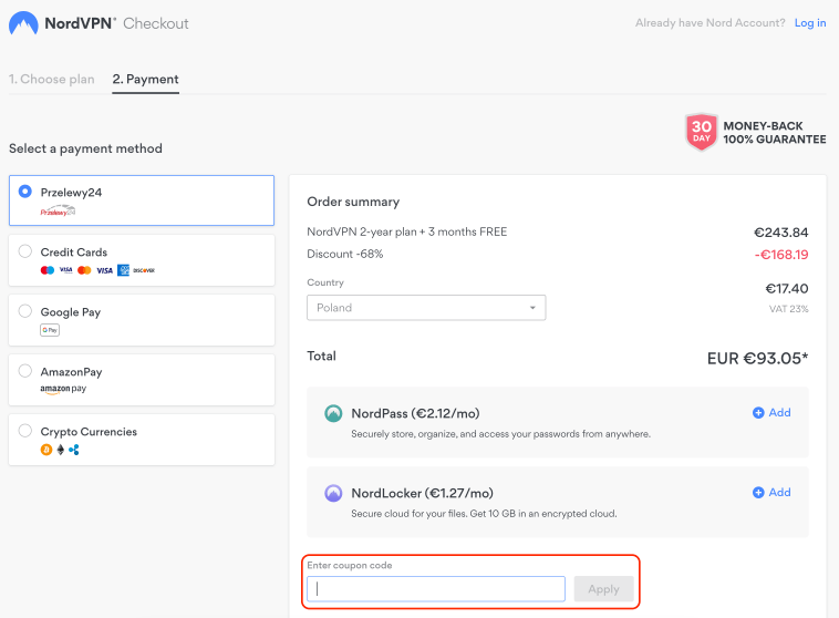 Pole, gdzie należy wpisać kod rabatowy NordVPN