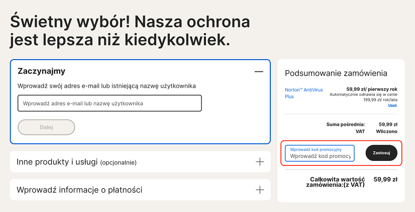 Miejsce, gdzie należy wkleić kod rabatowy Norton