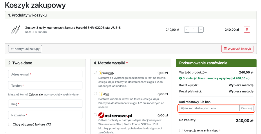 Miejsce na kod rabatowy ostre noze