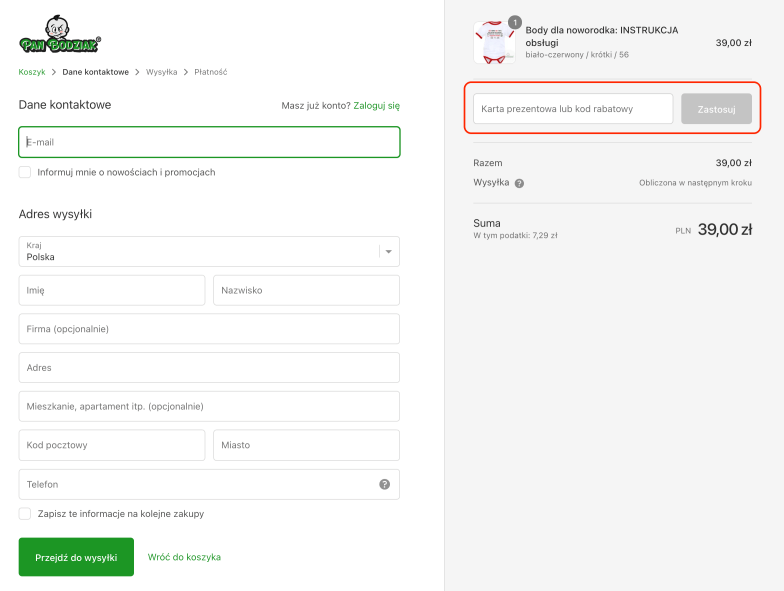 Pole, gdzie należy podać kod rabatowy Pan Bodziak