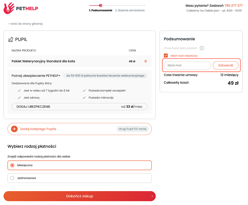 Miejsce, gdzie należy wkleić kod rabatowy Pethelp