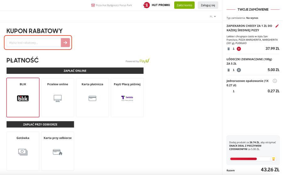 Miejsce na kod rabatowy Pizza Hut