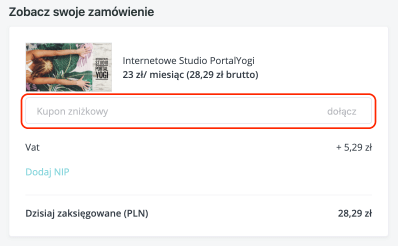 Miejsce, gdzie należy wkleić kod rabatowy PortalYogi
