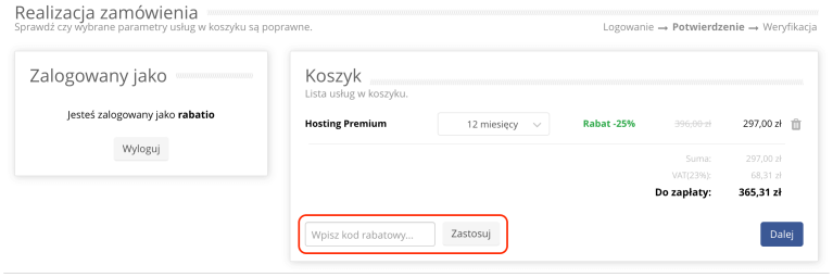 Miejsce, gdzie należy podać kod rabatowy PROSERWER