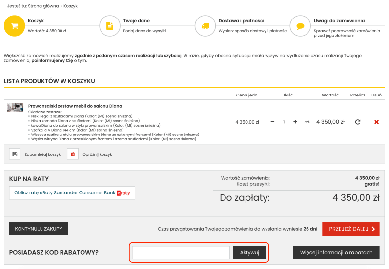 Pole, gdzie należy wpisać kod rabatowy Resmar