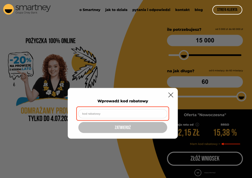 Miejsce, gdzie należy wkleić kod rabatowy Smartney