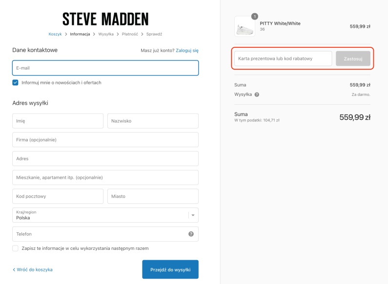 Pole, gdzie należy wkleić kod rabatowy Steve Madden