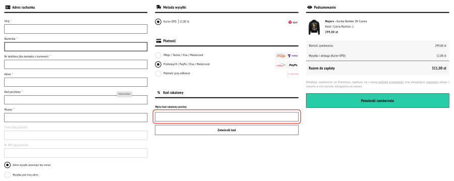 Miejsce, gdzie należy wpisać kod rabatowy Streetness