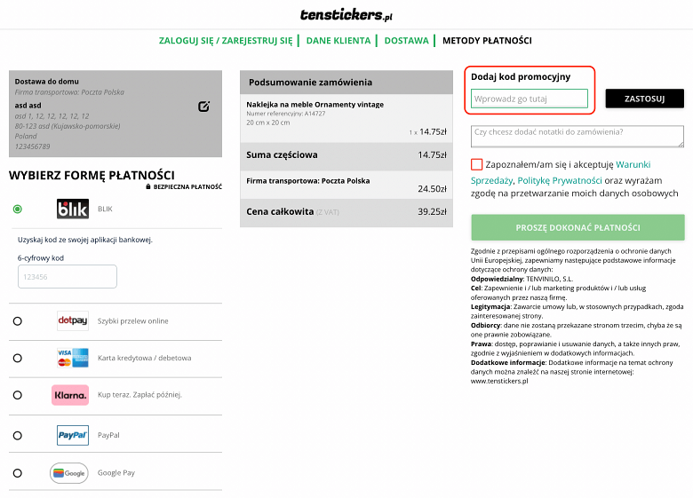 Miejsce na kod rabatowy TenStickers