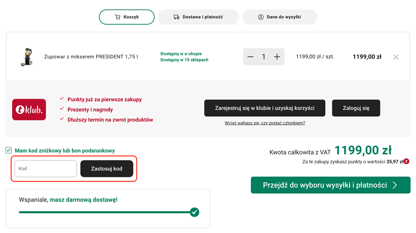 Miejsce, gdzie należy podać kod rabatowy Tescoma