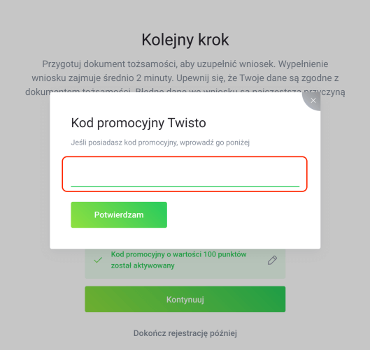 Miejsce, gdzie należy wkleić kod rabatowy Twisto