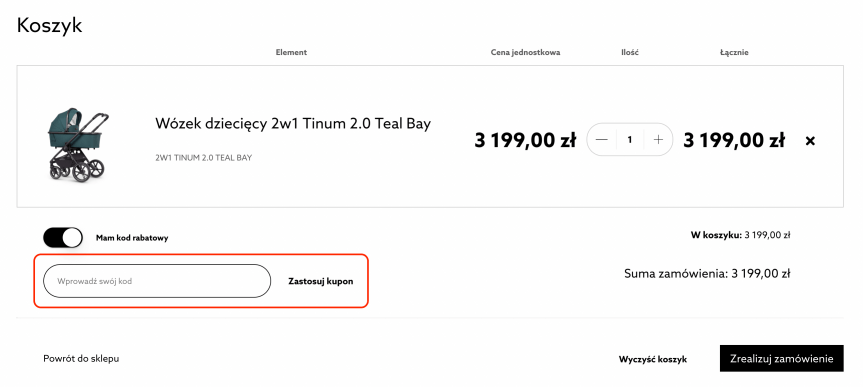 Pole, gdzie należy podać kod rabatowy Venicci