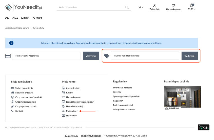 Miejsce, gdzie należy wkleić kod rabatowy YouNeedIt