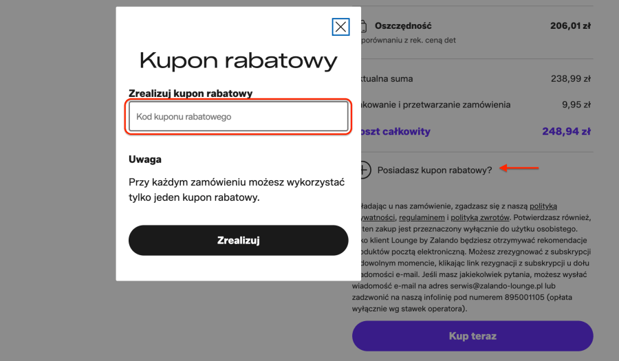 Miejsce na kod rabatowy Zalando lounge